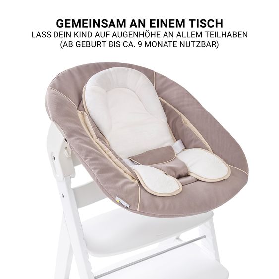 Hauck Beta Plus Set Nouveau-né 5 Pièces - Chaise Haute + 2in1 Adaptateur Nouveau-Né & Bascule + Coussin De Siège + Plateau Repas - Stretch Beige - Blanc