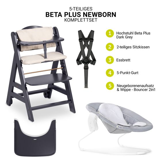 Hauck Beta Plus 5-tlg. Newborn Set - Hochstuhl + 2in1 Neugeborenenaufsatz & Wippe + Sitzkissen + Essbrett - Stretch Grey - Dark Grey