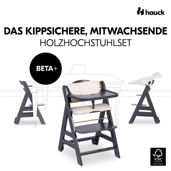 Hauck Beta Plus 5-tlg. Newborn Set - Hochstuhl + 2in1 Neugeborenenaufsatz & Wippe + Sitzkissen + Essbrett - Stretch Grey - Dark Grey