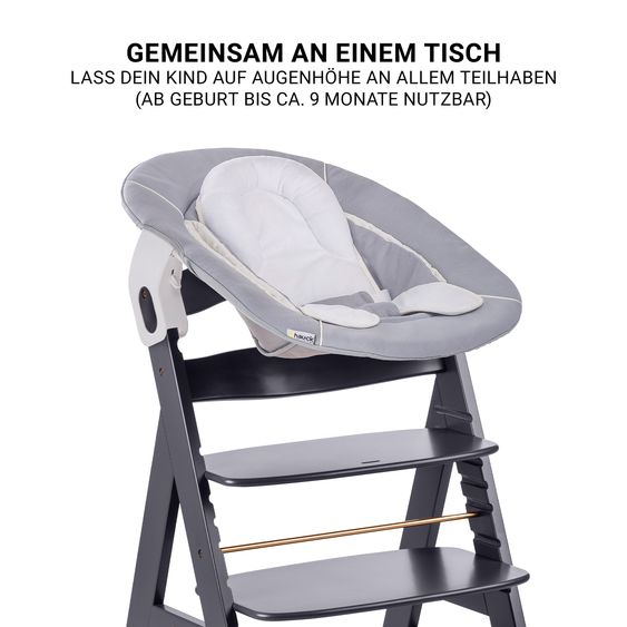 Hauck Beta Plus 5-tlg. Newborn Set - Hochstuhl + 2in1 Neugeborenenaufsatz & Wippe + Sitzkissen + Essbrett - Stretch Grey - Dark Grey