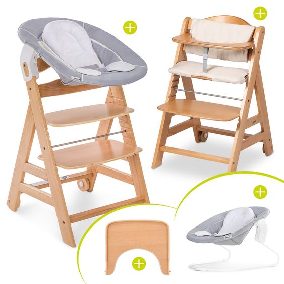 Hauck Beta Plus 5-tlg. Newborn Set - Hochstuhl + 2in1 Neugeborenenaufsatz & Wippe + Sitzkissen + Essbrett - Stretch Grey - Natural