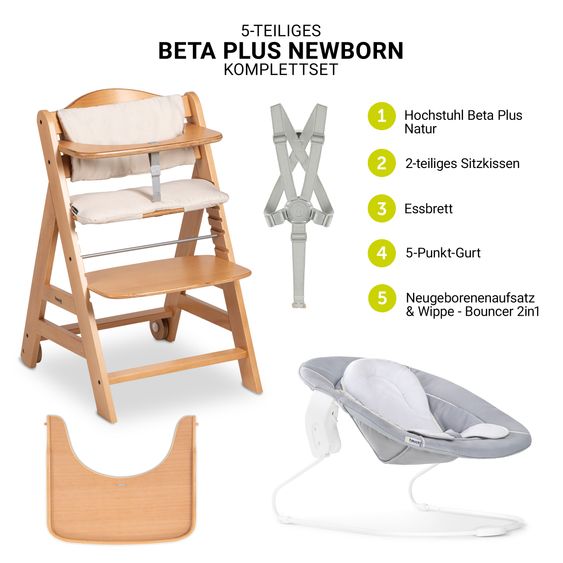 Hauck Beta Plus 5-tlg. Newborn Set - Hochstuhl + 2in1 Neugeborenenaufsatz & Wippe + Sitzkissen + Essbrett - Stretch Grey - Natural