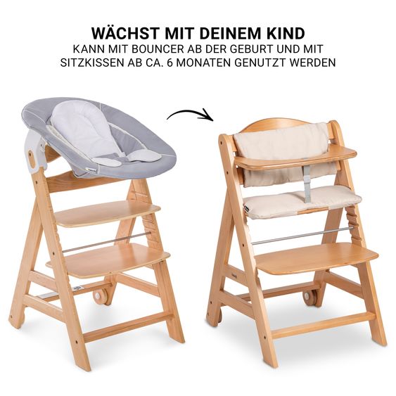 Hauck Beta Plus 5-tlg. Newborn Set - Hochstuhl + 2in1 Neugeborenenaufsatz & Wippe + Sitzkissen + Essbrett - Stretch Grey - Natural