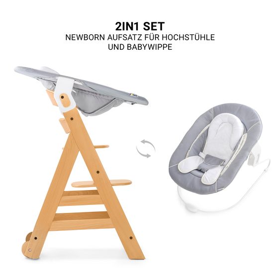 Hauck Beta Plus 5-tlg. Newborn Set - Hochstuhl + 2in1 Neugeborenenaufsatz & Wippe + Sitzkissen + Essbrett - Stretch Grey - Natural