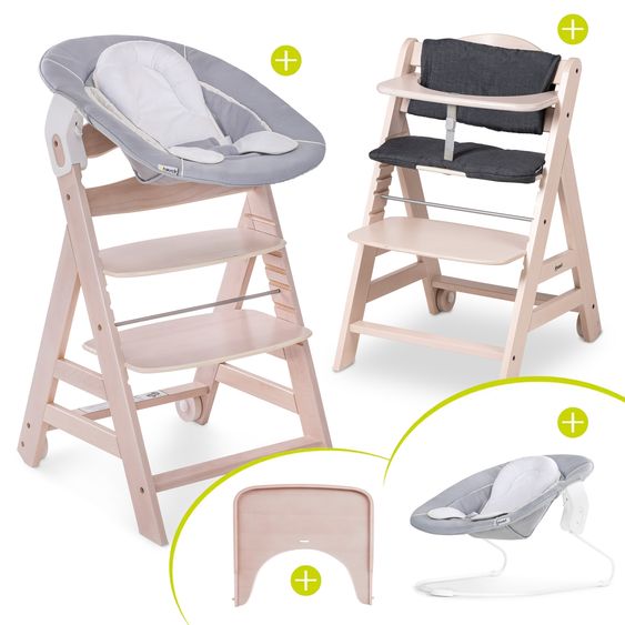 Hauck Beta Plus 5-tlg. Newborn Set - Hochstuhl + 2in1 Neugeborenenaufsatz & Wippe + Sitzkissen + Essbrett - Stretch Grey - Whitewashed