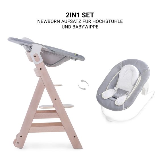 Hauck Beta Plus 5-tlg. Newborn Set - Hochstuhl + 2in1 Neugeborenenaufsatz & Wippe + Sitzkissen + Essbrett - Stretch Grey - Whitewashed