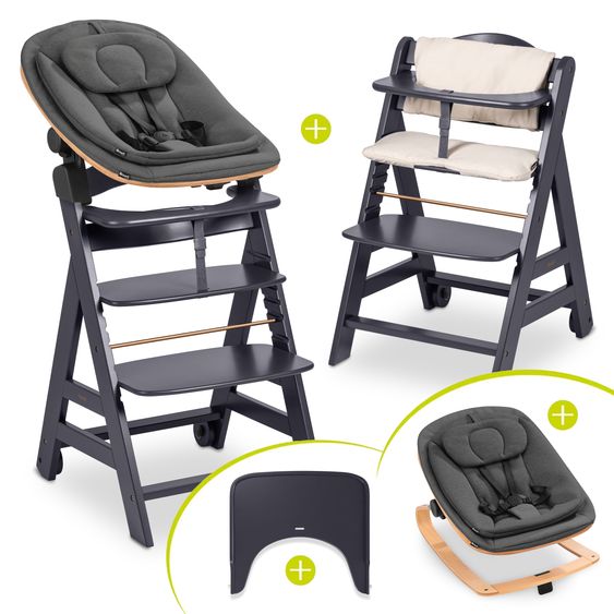 Hauck Beta Plus 5-tlg. Newborn Set - Hochstuhl + Neugeborenenaufsatz & Wippe Eco + Sitzkissen + Essbrett - Dark Grey
