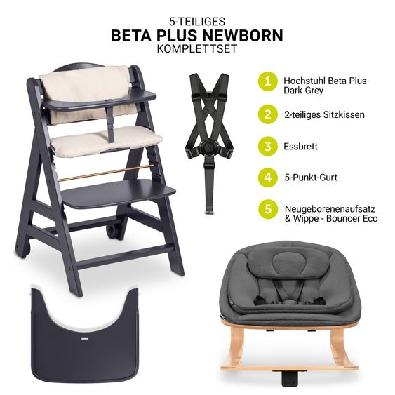 Hauck Beta Plus 5-tlg. Newborn Set - Hochstuhl + Neugeborenenaufsatz & Wippe Eco + Sitzkissen + Essbrett - Dark Grey