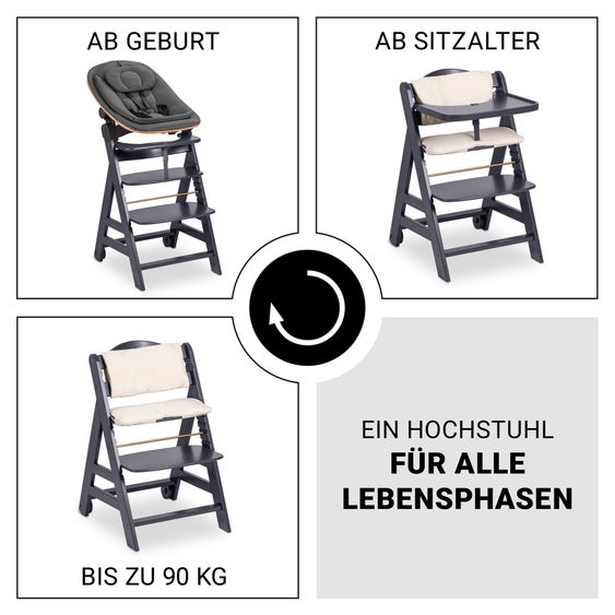 Hauck Beta Plus 5-tlg. Newborn Set - Hochstuhl + Neugeborenenaufsatz & Wippe Eco + Sitzkissen + Essbrett - Dark Grey