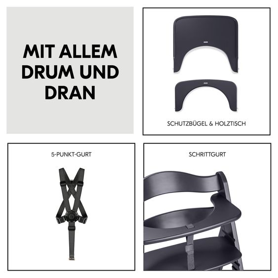 Hauck Beta Plus 5-tlg. Newborn Set - Hochstuhl + Neugeborenenaufsatz & Wippe Eco + Sitzkissen + Essbrett - Dark Grey