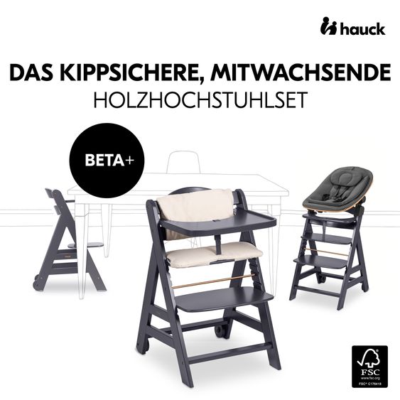 Hauck Beta Plus 5-tlg. Newborn Set - Hochstuhl + Neugeborenenaufsatz & Wippe Eco + Sitzkissen + Essbrett - Dark Grey