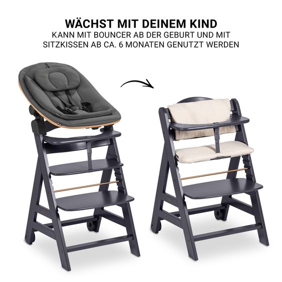 Hauck Beta Plus 5-tlg. Newborn Set - Hochstuhl + Neugeborenenaufsatz & Wippe Eco + Sitzkissen + Essbrett - Dark Grey