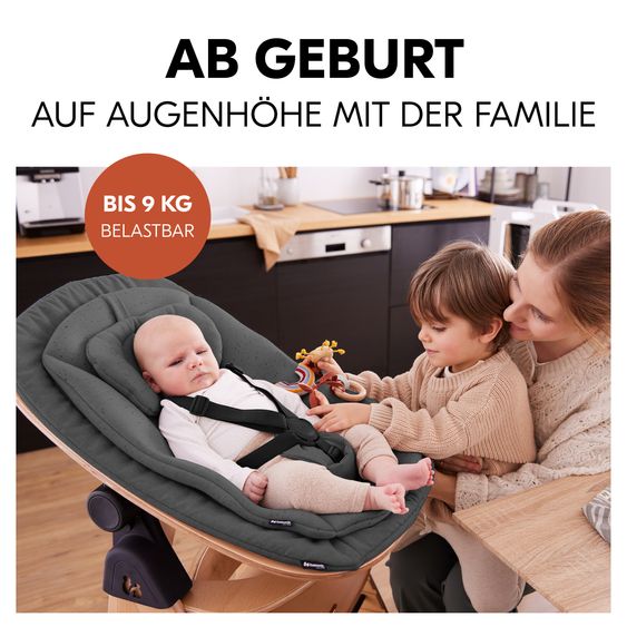 Hauck Beta Plus 5-tlg. Newborn Set - Hochstuhl + Neugeborenenaufsatz & Wippe Eco + Sitzkissen + Essbrett - Dark Grey