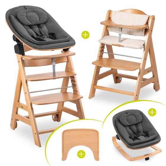 Hauck Beta Plus 5-tlg. Newborn Set - Hochstuhl + Neugeborenenaufsatz & Wippe Eco + Sitzkissen + Essbrett - Deep Grey - Natural