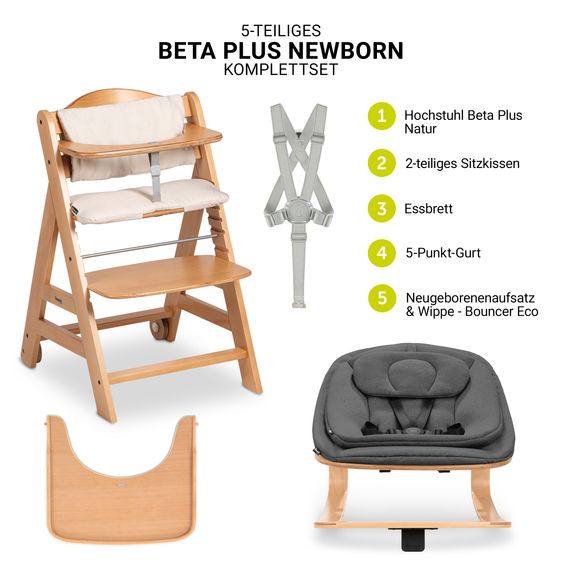 Hauck Beta Plus 5-tlg. Newborn Set - Hochstuhl + Neugeborenenaufsatz & Wippe Eco + Sitzkissen + Essbrett - Deep Grey - Natural