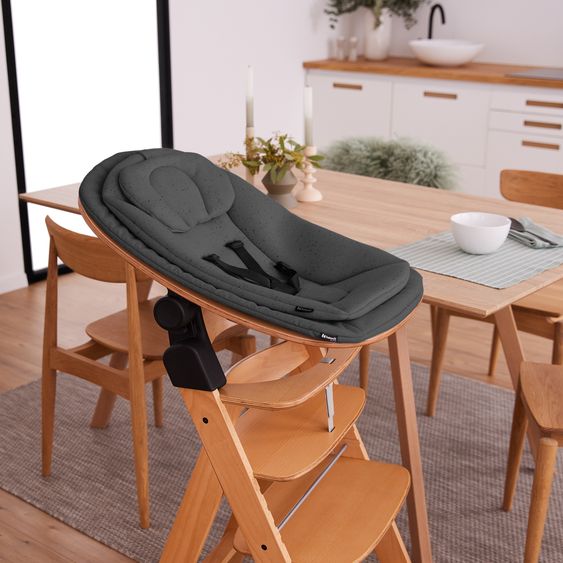 Hauck Beta Plus 5-tlg. Newborn Set - Hochstuhl + Neugeborenenaufsatz & Wippe Eco + Sitzkissen + Essbrett - Deep Grey - Natural