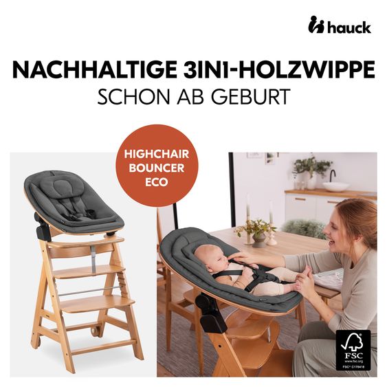 Hauck Beta Plus 5-tlg. Newborn Set - Hochstuhl + Neugeborenenaufsatz & Wippe Eco + Sitzkissen + Essbrett - Deep Grey - Natural