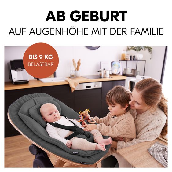 Hauck Beta Plus 5-tlg. Newborn Set - Hochstuhl + Neugeborenenaufsatz & Wippe Eco + Sitzkissen + Essbrett - Deep Grey - Natural