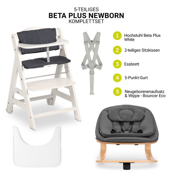 Hauck Beta Plus 5-pcs Newborn Set - Highchair + Newborn Insert & Rocker Eco + Seat Cushion + Tray - White