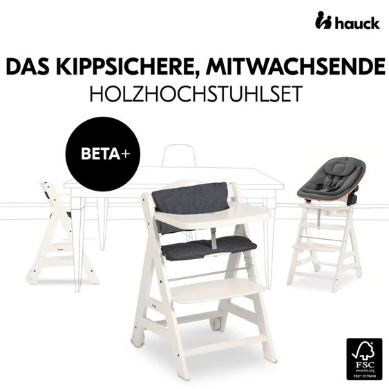 Hauck Beta Plus 5-pcs Newborn Set - Highchair + Newborn Insert & Rocker Eco + Seat Cushion + Tray - White