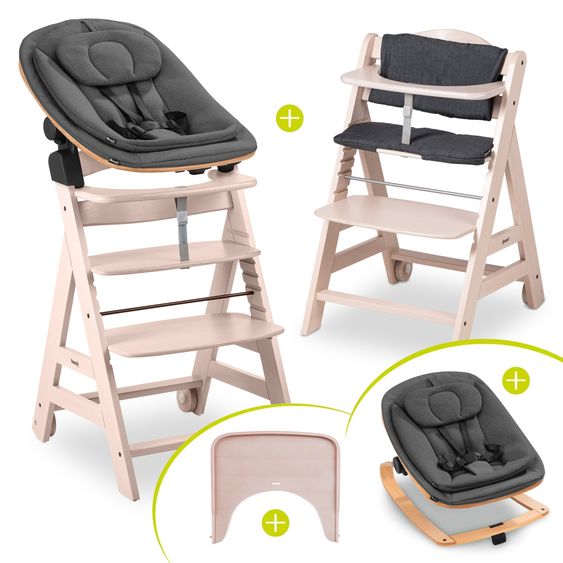 Hauck Beta Plus 5-tlg. Newborn Set - Hochstuhl + Neugeborenenaufsatz & Wippe Eco + Sitzkissen + Essbrett - Whitewashed