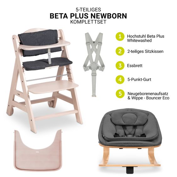 Hauck Beta Plus 5-tlg. Newborn Set - Hochstuhl + Neugeborenenaufsatz & Wippe Eco + Sitzkissen + Essbrett - Whitewashed