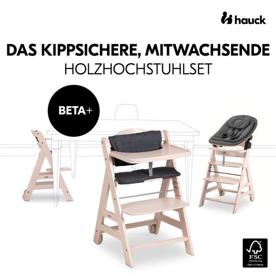 Hauck Beta Plus 5-tlg. Newborn Set - Hochstuhl + Neugeborenenaufsatz & Wippe Eco + Sitzkissen + Essbrett - Whitewashed