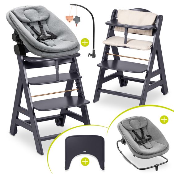 Hauck Beta Plus 6-pc. Newborn Set - Highchair + 2in1 Newborn Insert & Rocker + Seat Cushion + Tray + Play Arch - Dark Grey