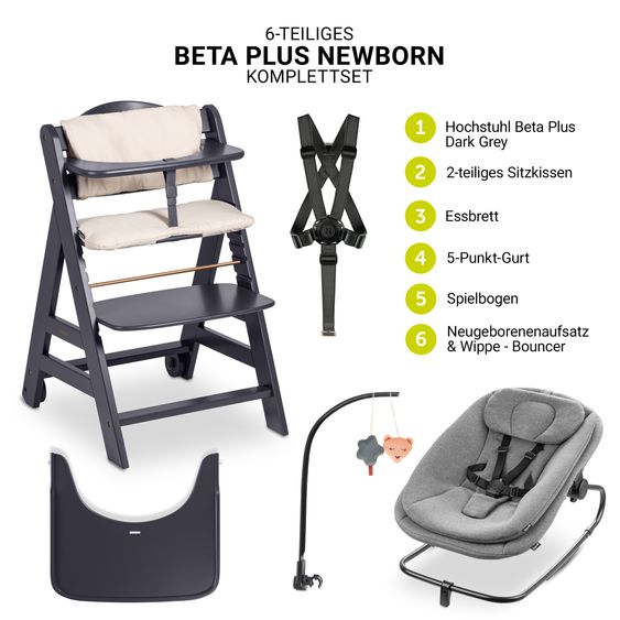 Hauck Beta Plus 6-pc. Newborn Set - Highchair + 2in1 Newborn Insert & Rocker + Seat Cushion + Tray + Play Arch - Dark Grey