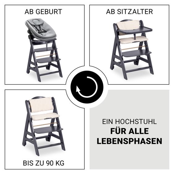 Hauck Beta Plus 6-pc. Newborn Set - Highchair + 2in1 Newborn Insert & Rocker + Seat Cushion + Tray + Play Arch - Dark Grey