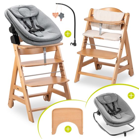 Hauck Beta Plus 6-tlg. Newborn Set - Hochstuhl + 2in1 Neugeborenenaufsatz & Wippe + Sitzkissen + Essbrett + Spielbogen - Dark Grey Melange - Natural