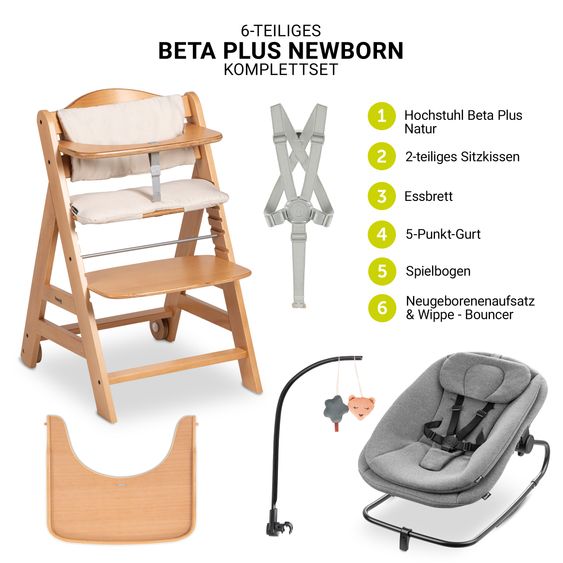 Hauck Beta Plus 6-tlg. Newborn Set - Hochstuhl + 2in1 Neugeborenenaufsatz & Wippe + Sitzkissen + Essbrett + Spielbogen - Dark Grey Melange - Natural