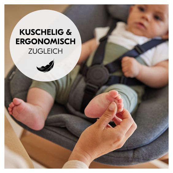 Hauck Beta Plus 6-tlg. Newborn Set - Hochstuhl + 2in1 Neugeborenenaufsatz & Wippe + Sitzkissen + Essbrett + Spielbogen - Dark Grey Melange - Natural