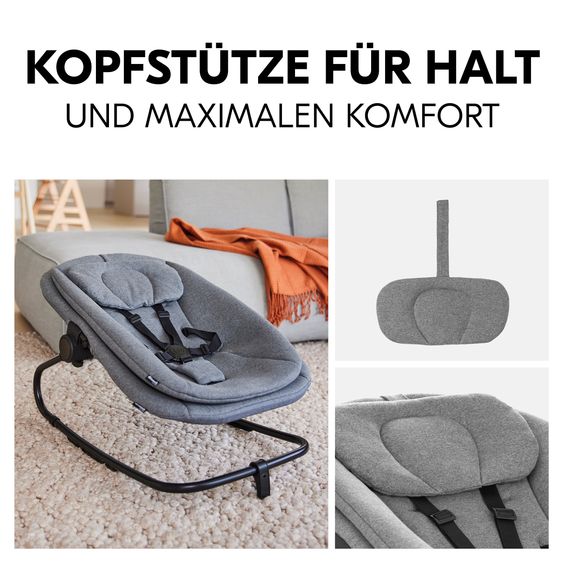 Hauck Beta Plus 6-tlg. Newborn Set - Hochstuhl + 2in1 Neugeborenenaufsatz & Wippe + Sitzkissen + Essbrett + Spielbogen - Dark Grey Melange - Natural