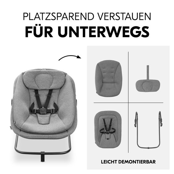 Hauck Beta Plus 6-tlg. Newborn Set - Hochstuhl + 2in1 Neugeborenenaufsatz & Wippe + Sitzkissen + Essbrett + Spielbogen - Dark Grey Melange - Natural