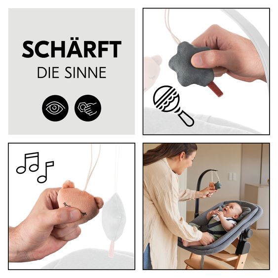Hauck Beta Plus 6-tlg. Newborn Set - Hochstuhl + 2in1 Neugeborenenaufsatz & Wippe + Sitzkissen + Essbrett + Spielbogen - Dark Grey Melange - Natural