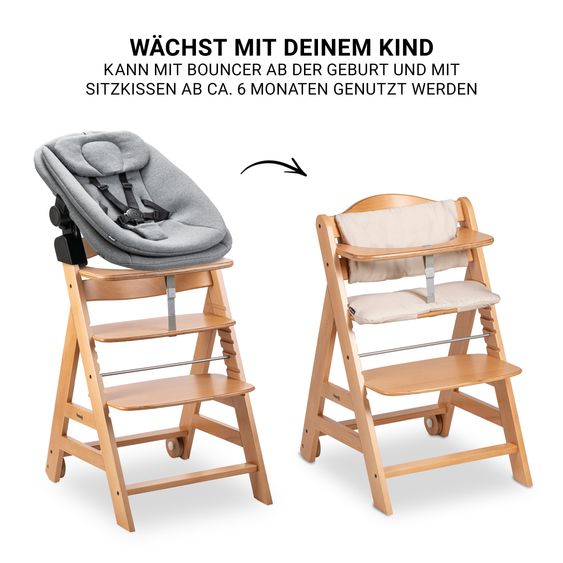 Hauck Beta Plus 6-tlg. Newborn Set - Hochstuhl + 2in1 Neugeborenenaufsatz & Wippe + Sitzkissen + Essbrett + Spielbogen - Dark Grey Melange - Natural