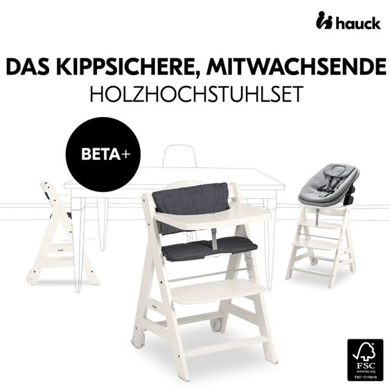 Hauck Beta Plus 6-tlg. Newborn Set - Hochstuhl + 2in1 Neugeborenenaufsatz & Wippe + Sitzkissen + Essbrett + Spielbogen - Dark Grey Melange - White