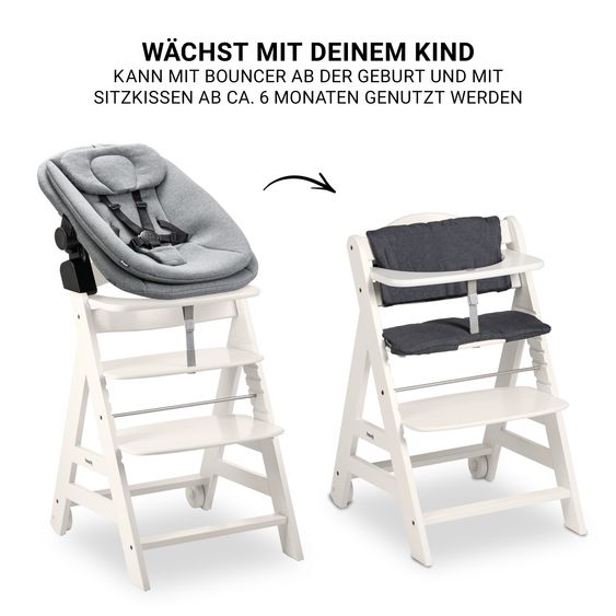 Hauck Beta Plus 6-tlg. Newborn Set - Hochstuhl + 2in1 Neugeborenenaufsatz & Wippe + Sitzkissen + Essbrett + Spielbogen - Dark Grey Melange - White