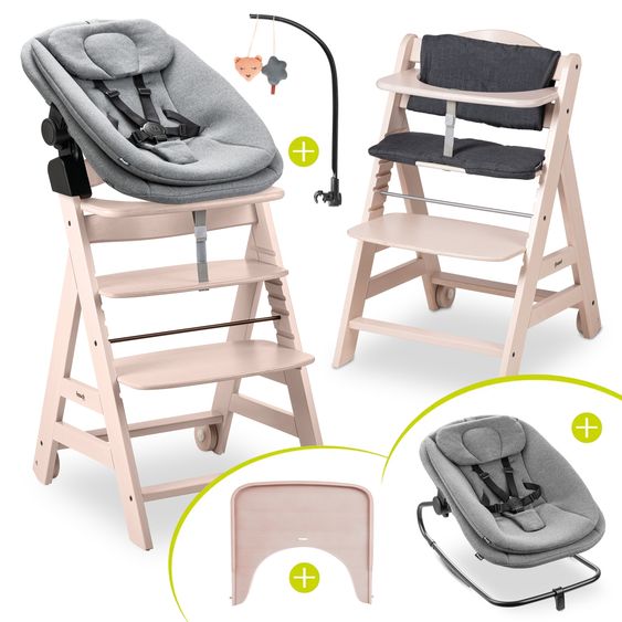 Hauck Beta Plus 6-tlg. Newborn Set - Hochstuhl + 2in1 Neugeborenenaufsatz & Wippe + Sitzkissen + Essbrett + Spielbogen - Dark Grey Melange - Whitewashed