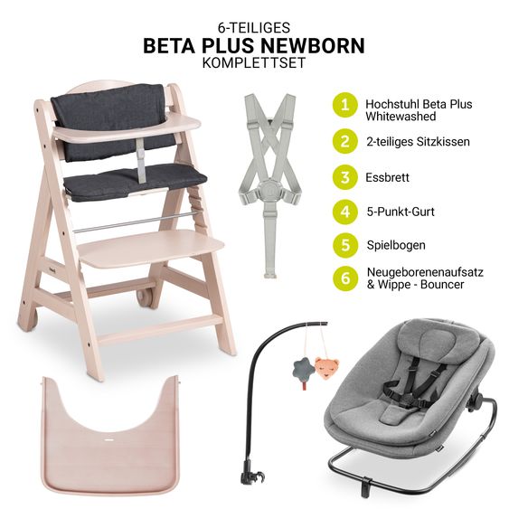 Hauck Beta Plus 6-tlg. Newborn Set - Hochstuhl + 2in1 Neugeborenenaufsatz & Wippe + Sitzkissen + Essbrett + Spielbogen - Dark Grey Melange - Whitewashed