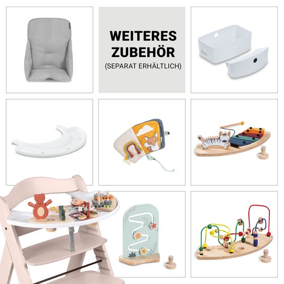 Hauck Beta Plus 6-tlg. Newborn Set - Hochstuhl + 2in1 Neugeborenenaufsatz & Wippe + Sitzkissen + Essbrett + Spielbogen - Dark Grey Melange - Whitewashed