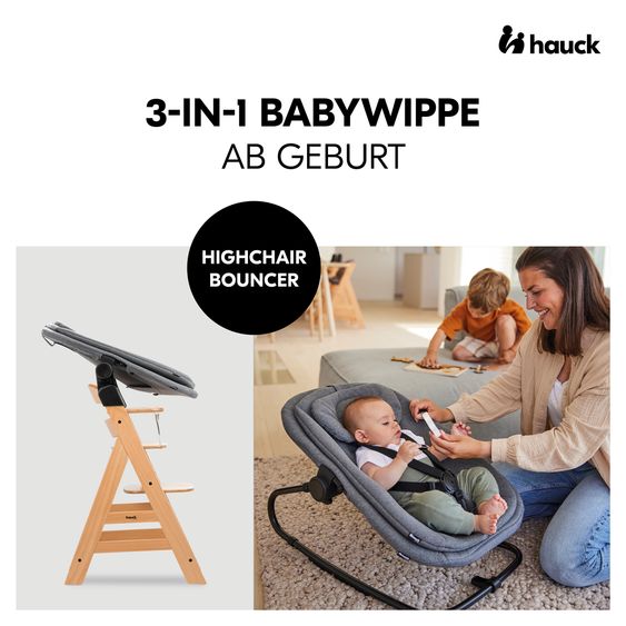 Hauck Beta Plus 6-tlg. Newborn Set - Hochstuhl + 2in1 Neugeborenenaufsatz & Wippe + Sitzkissen + Essbrett + Spielbogen - Dark Grey Melange - Whitewashed