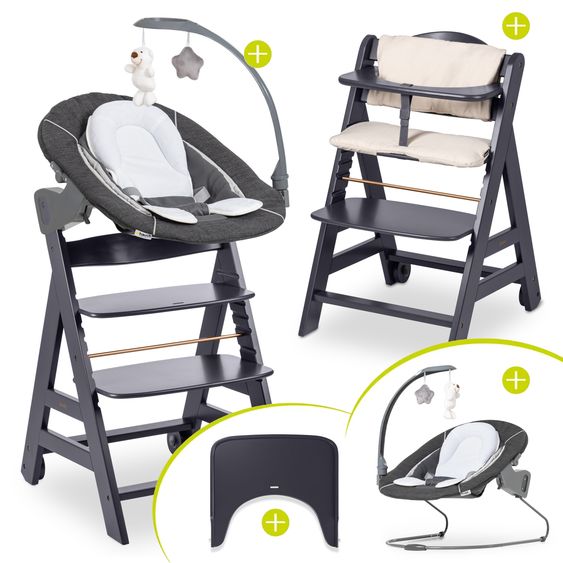 Hauck Set per neonati Beta Plus Grigio Scuro 5 pezzi - seggiolone + 2in1 aggancio per neonato e sdraietta deluxe, asse per mangiare, cuscino per sedersi - Grigio Melange