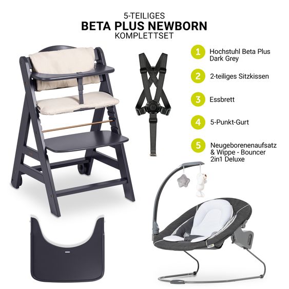 Hauck Set per neonati Beta Plus Grigio Scuro 5 pezzi - seggiolone + 2in1 aggancio per neonato e sdraietta deluxe, asse per mangiare, cuscino per sedersi - Grigio Melange