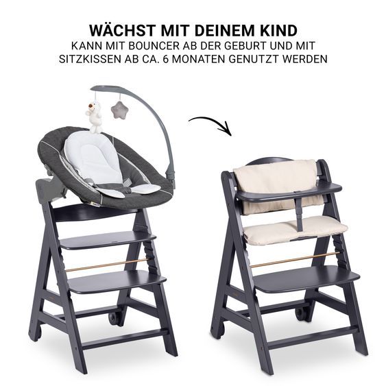 Hauck Beta Plus Dark Grey 5-piece Newborn Set - highchair + 2in1 newborn attachment & bouncer deluxe, feeding board, seat cushion - Melange Grey