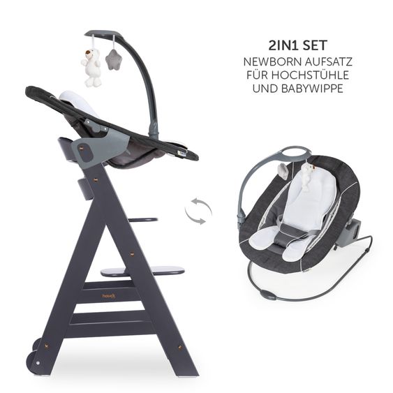 Hauck Beta Plus Dark Grey 5-piece Newborn Set - highchair + 2in1 newborn attachment & bouncer deluxe, feeding board, seat cushion - Melange Grey