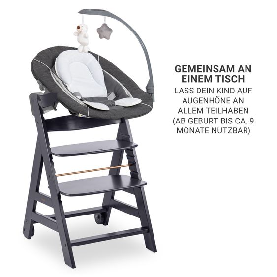 Hauck Set per neonati Beta Plus Grigio Scuro 5 pezzi - seggiolone + 2in1 aggancio per neonato e sdraietta deluxe, asse per mangiare, cuscino per sedersi - Grigio Melange