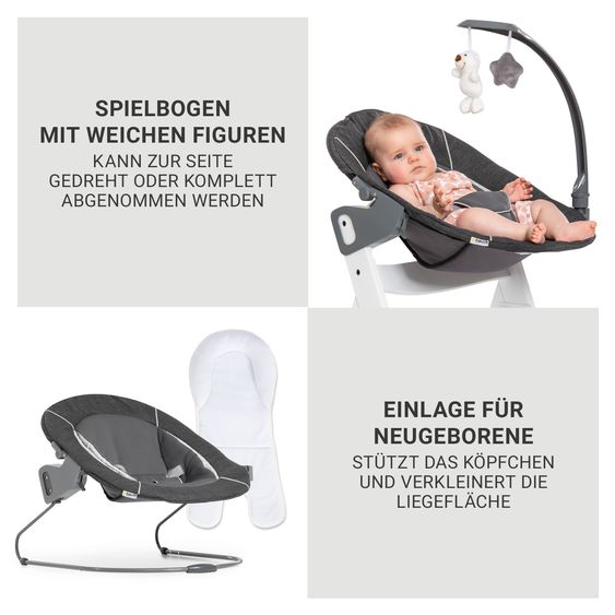 Hauck Beta Plus Dark Grey 5-tlg. Newborn Set - Hochstuhl + 2in1 Neugeborenen-Aufsatz & Wippe Deluxe, Essbrett, Sitzkissen - Melange Grey