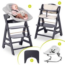 Beta Plus Dark Grey 5-tlg. Newborn Set - Hochstuhl + 2in1 Neugeborenen-Aufsatz & Wippe Premium + Essbrett + Sitzkissen - Light Grey